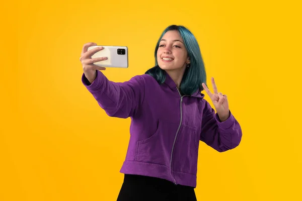 Cheerful Nice Young Girl Blue Hair Taking Selfie Cellphone Smiling Stockbild