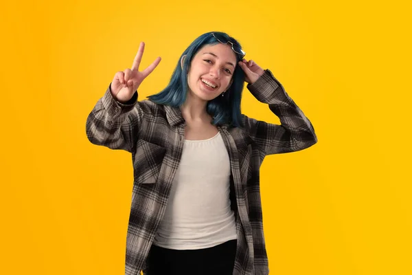Smiling Young Woman Student Blue Hair Doing Positive Gestures Her Imagen De Stock