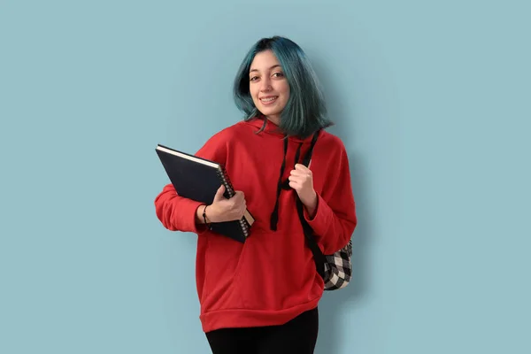 Cute Young Gilr Student Blue Hair Books Backpack Cyan Background Stok Resim