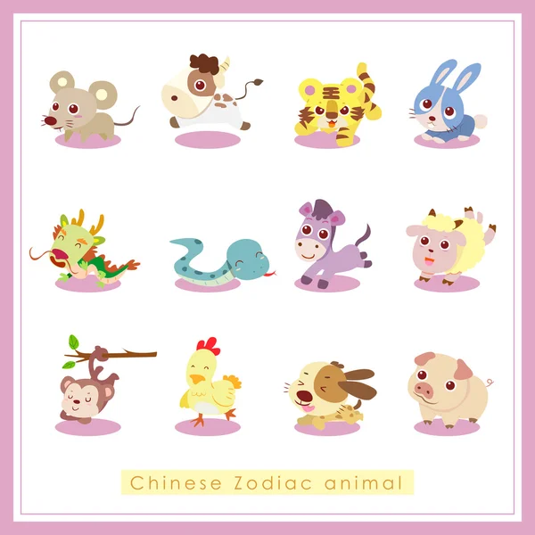 12 cartoon chinese dierenriem dieren stickers — Stockvector