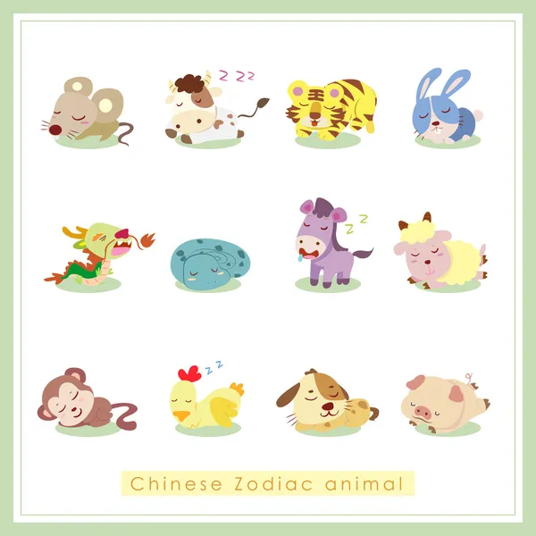 12 cartoon kínai Zodiac állatok matricák — Stock Vector