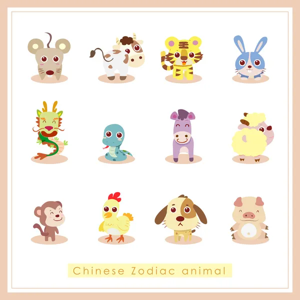 12 cartoon chinese dierenriem dieren stickers — Stockvector