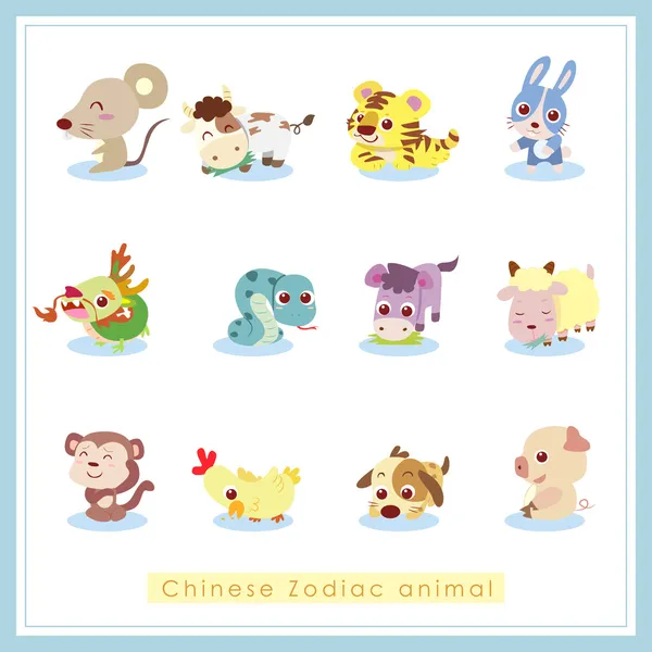 12 dibujos animados chino Zodíaco animales pegatinas — Vector de stock