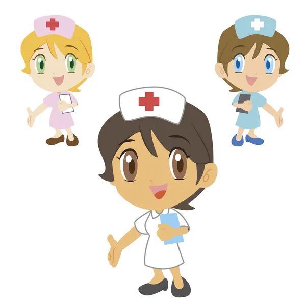 Cartoon verpleegster verwijst naar linksonder — Stockvector