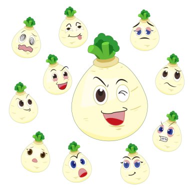 White turnip cartoon with many expressions clipart