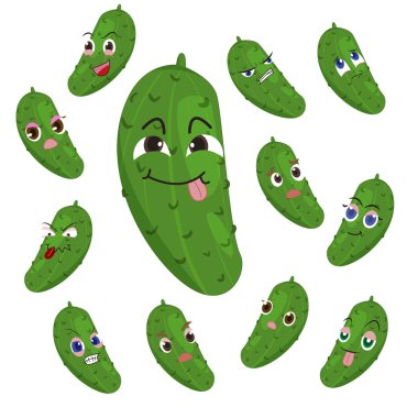 Cucumber cartoon with many expressions clipart