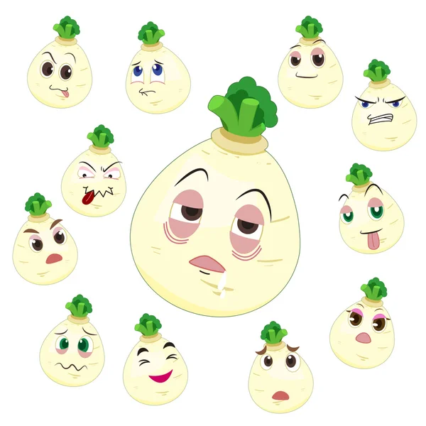 White turnip cartoon with many expressions — Stock Vector