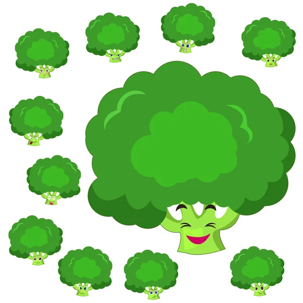 Broccoli cartoon with many expressions — Stock Vector