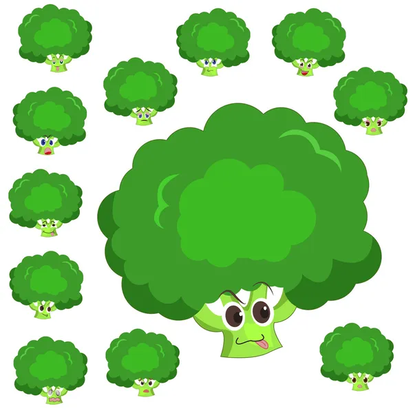 Broccoli cartoon with many expressions — Stock Vector