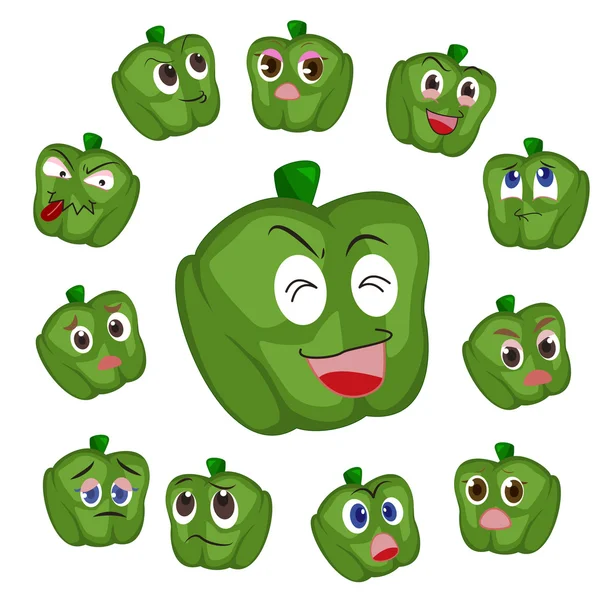 Green pepper cartoon with many expressions — Stock Vector