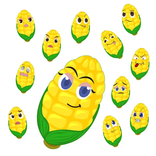 Corn cartoon with many expressions — Stock Vector