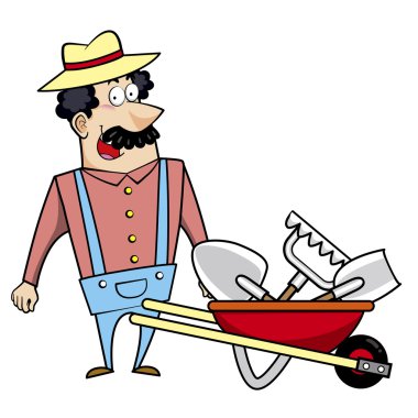 Cartoon Landscaper with Wheelbarrow and Garden Tools clipart