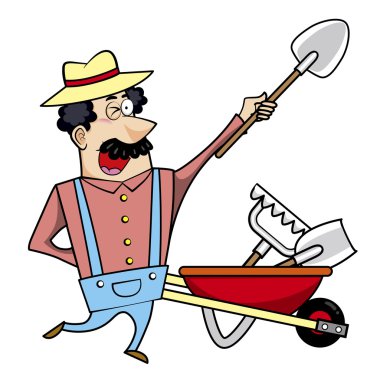 peyzaj mimarı el arabası ve Bahçe araçları ile karikatür