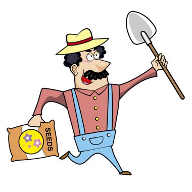 Komisyon ve tohum çantası ile karikatür peyzaj mimarı