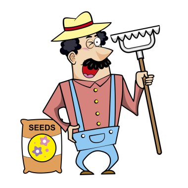 Cartoon Landscaper with Rake and Seed Bag clipart
