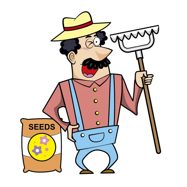 Cartoon Landscaper with Rake and Seed Bag — Stock Vector