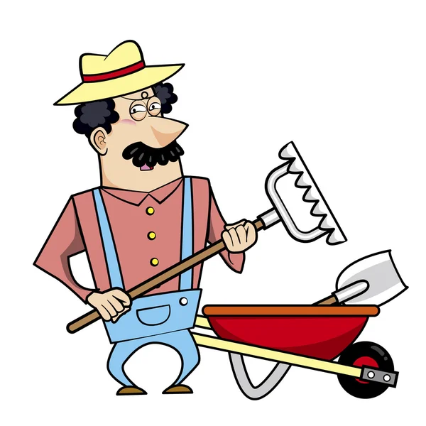 Paisagista de desenhos animados com carrinho de mão e ferramentas de jardim — Vetor de Stock
