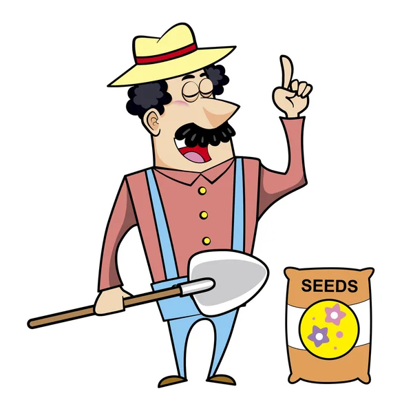 Paisagista de desenhos animados com pá e saco de sementes —  Vetores de Stock