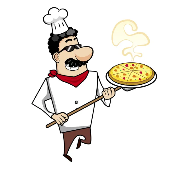 Cuoco di cartoni animati con pizza — Vettoriale Stock