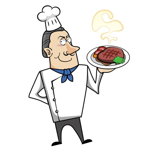 Chef de dibujos animados con cena de carne — Vector de stock