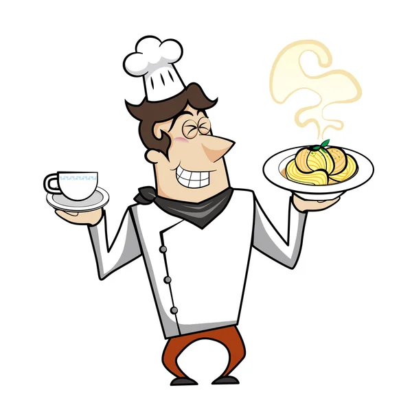 Cartoon Chef con ciotola di pasta e caffè — Vettoriale Stock