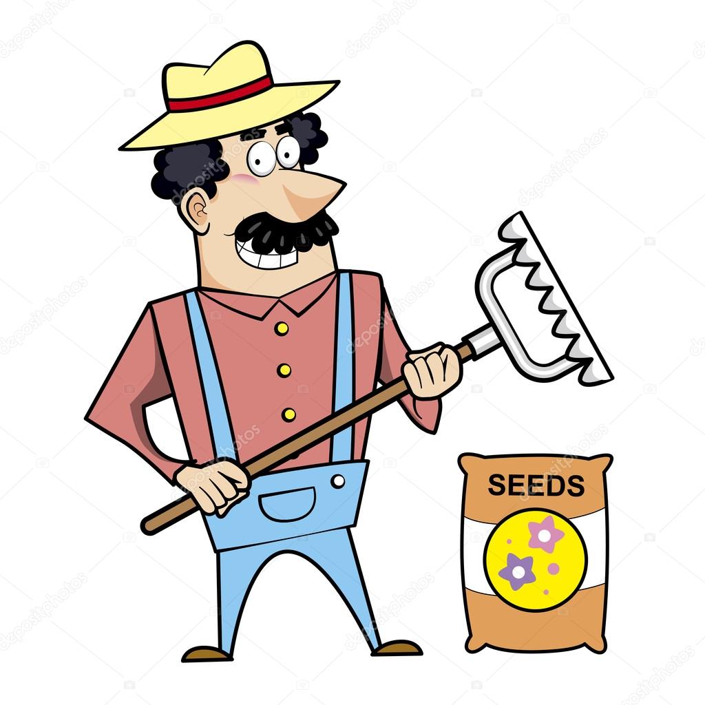 Cartoon Landscaper with Rake and Seed Bag