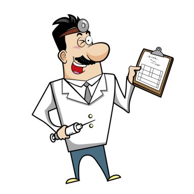 Pano ve şırınga ile karikatür doktor