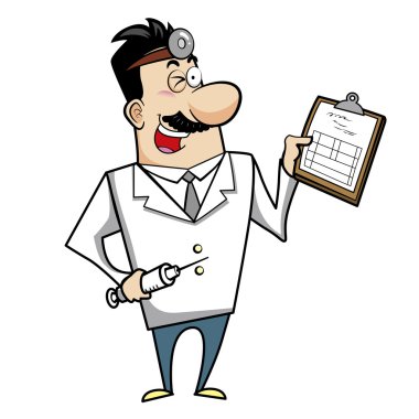 Pano ve şırınga ile karikatür doktor