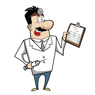 Pano ve şırınga ile karikatür doktor
