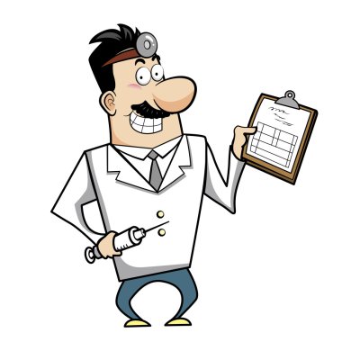 Pano ve şırınga ile karikatür doktor