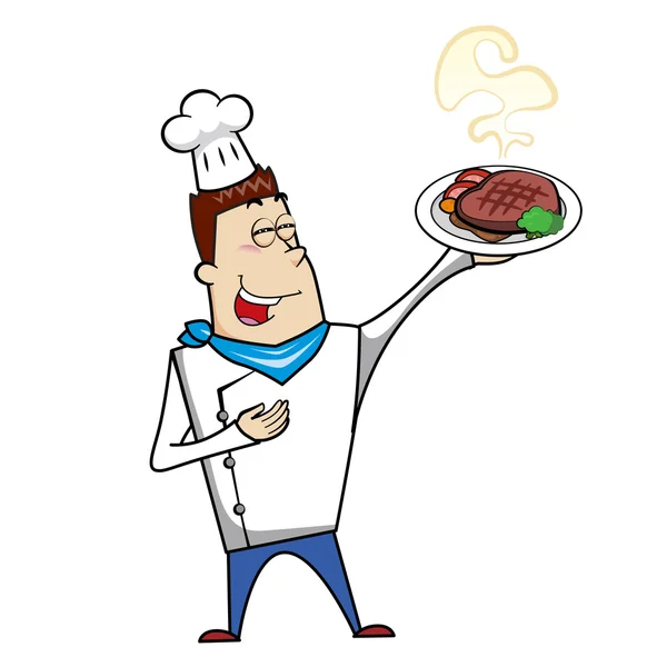 Chef de dibujos animados con cena de carne — Vector de stock