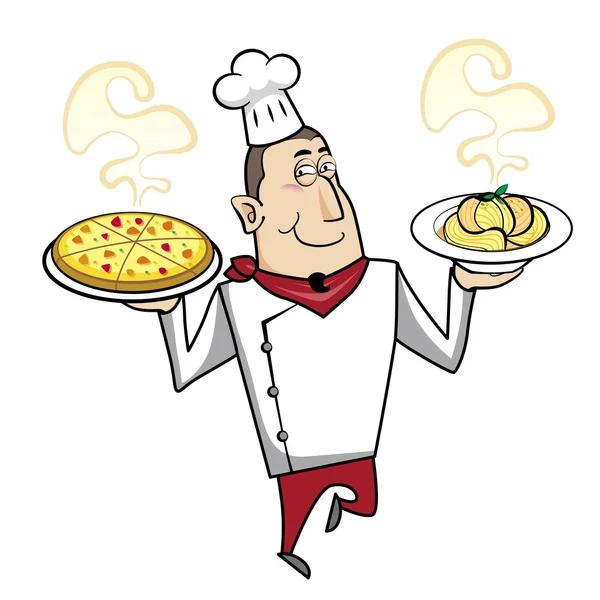 Cartoon Chef with Pasta Bowl and Pizza — Stock Vector