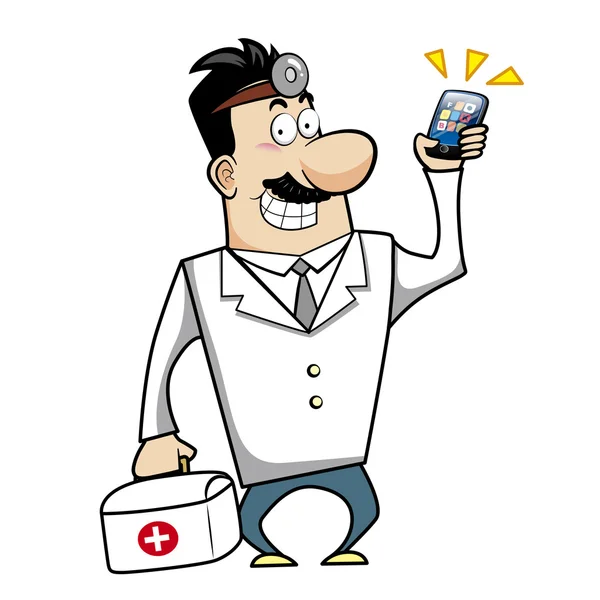 Caricature médecin avec trousse de premiers soins et téléphone portable — Image vectorielle