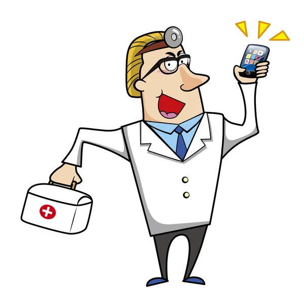 Cartoon Doctor con kit di pronto soccorso e telefono cellulare — Vettoriale Stock