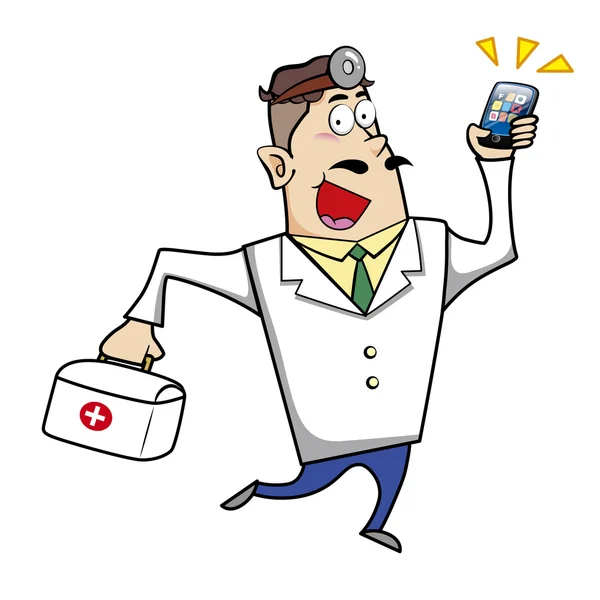 Caricature médecin avec trousse de premiers soins et téléphone portable — Image vectorielle