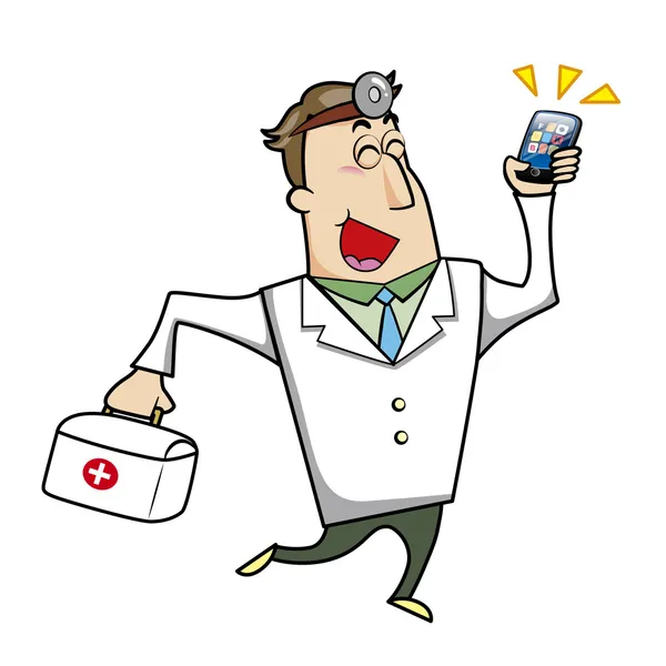 Cartoon Doctor con kit di pronto soccorso e telefono cellulare — Vettoriale Stock