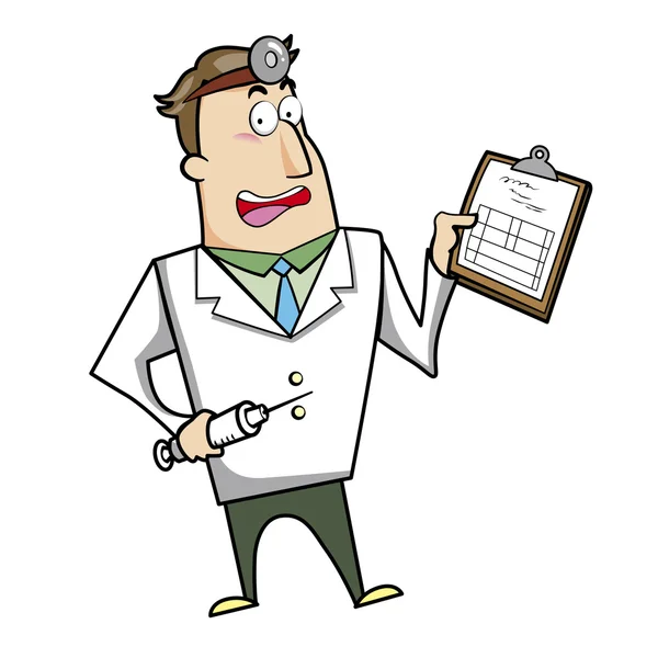 Médico dos desenhos animados com área de transferência e seringa — Vetor de Stock
