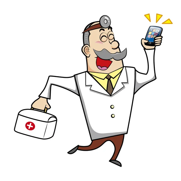 Caricature médecin avec trousse de premiers soins et téléphone portable — Image vectorielle