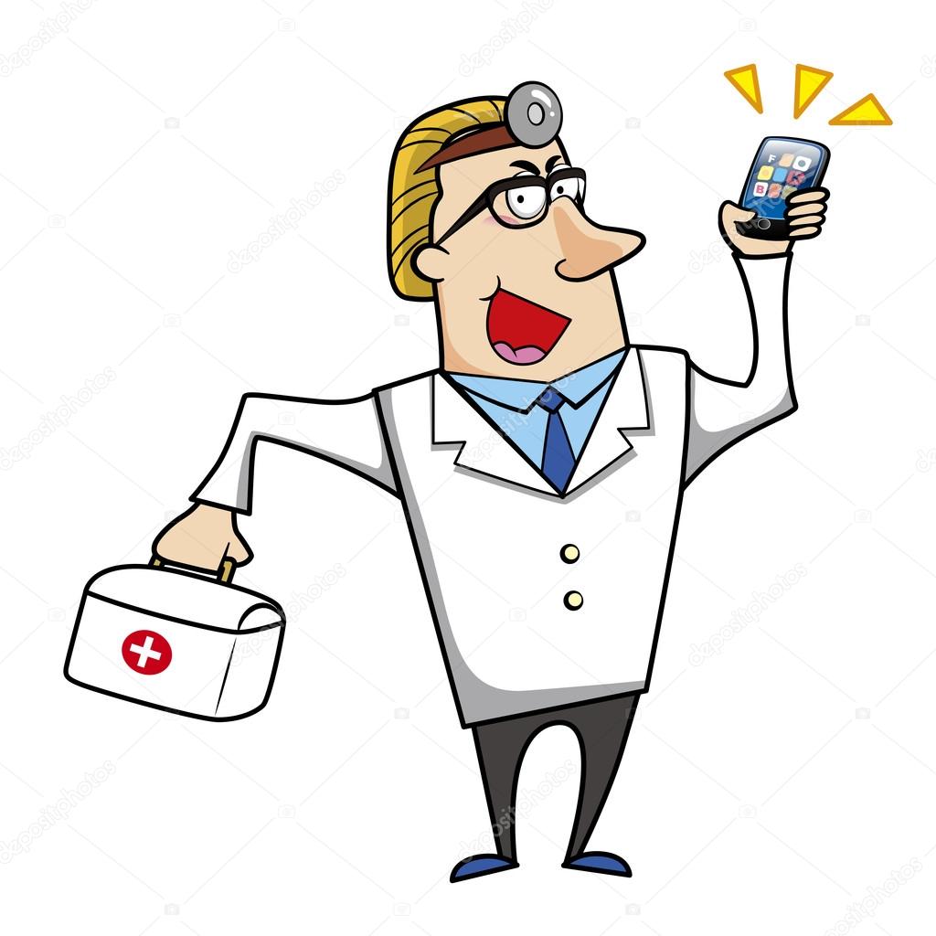 Cartoon Doctor with First Aid Kit and Mobile Phone