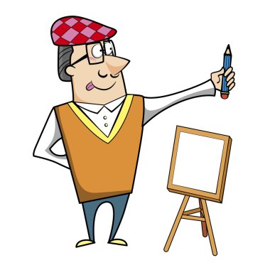 kalem ve tuval şövale ile karikatür sanatçısı