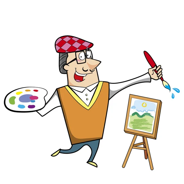 Cartoon Artist with Paintbrush and Canvas Easel — Stock Vector