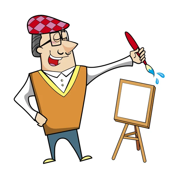 Cartoon Artist with Paintbrush and Canvas Easel — Stock Vector