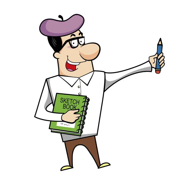 Cartoon Artist with Sketch Book and Pencil — Stock Vector