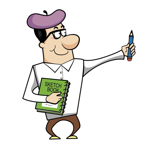 Cartoon Artist with Sketch Book and Pencil — Stock Vector