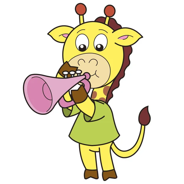 Jirafa de dibujos animados tocando una trompeta — Vector de stock
