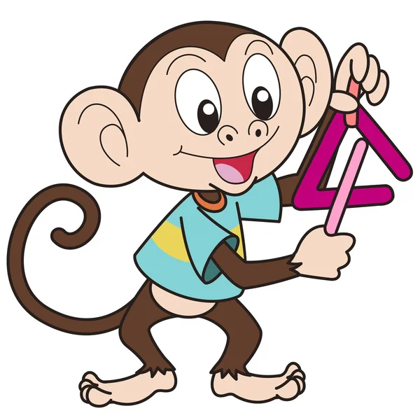 Macaco dos desenhos animados jogando um triângulo — Vetor de Stock