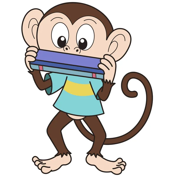 Macaco dos desenhos animados tocando uma harmónica — Vetor de Stock