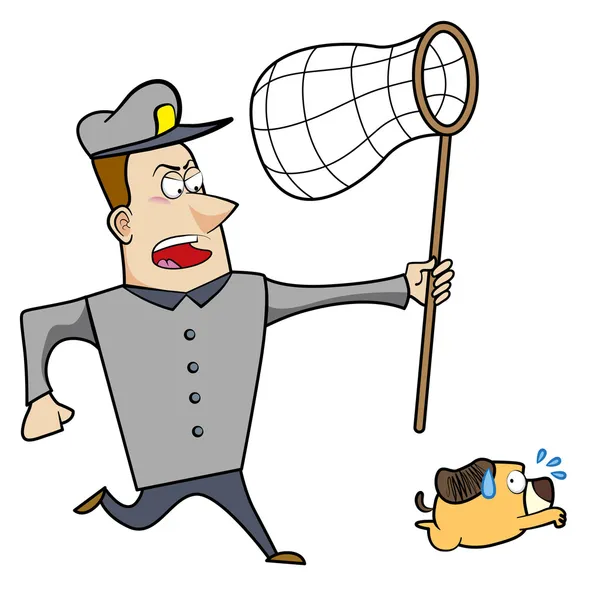 Cartoon Animal Control Officer Chasing Dog with Net — Stock Vector
