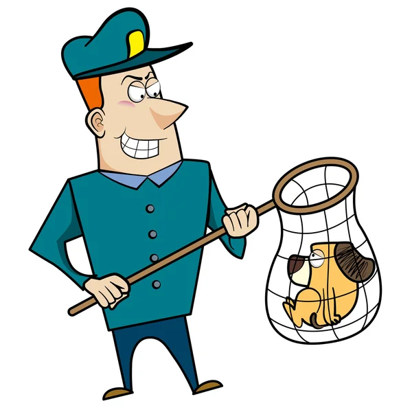 Cartoon Animal Control Officer with Dog in Net — Stock Vector