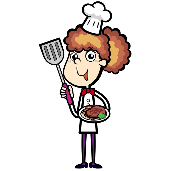 Chef dos desenhos animados com jantar de bife —  Vetores de Stock
